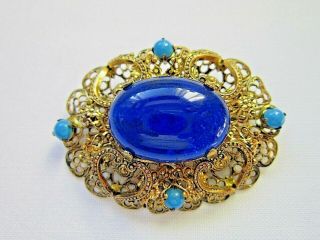 Vintage Jewellery Goldtone Filigree Brooch,  Czech,  With Blue Stones
