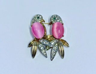 Vintage Gold Tone Love Birds Jelly Belly Style Brooch With Pink Moonglow Glass