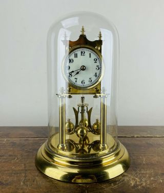 Antique German Anniversary Torsion Mantel Clock 400 Day Movement & Glass Dome