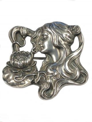 Antique Sterling Unger Brothers Art Nouveau Flowing Hair Lady Pin Brooch