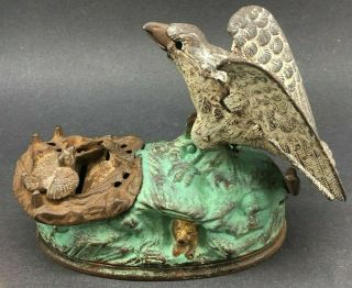 Bald Eagle Eaglets Cast Iron Mechanical Bank J E Stevens 1883 Antique Bird