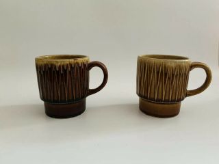 Vintage Japan Brown Glazed Ceramic Coffee Mugs Tea Cup Set of 2 Stackable 3