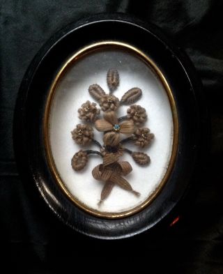 Fine Quality Antique German Mourning Hair Art Picture Memento Mori Flowers