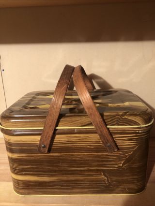 Vintage Decoware Tin Litho Picnic Basket Wood Handles Metal Faux Wood Grain
