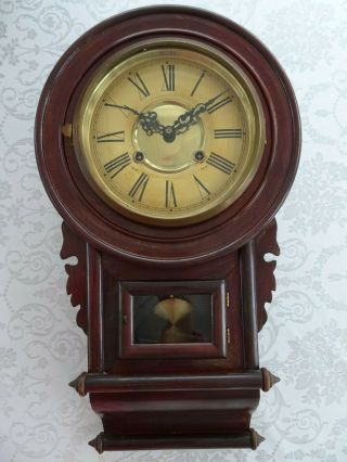 Antique 19th Century Victorian Carved Mahogany Wall Clock With Key & Pendulum