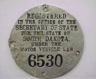Vintage Pre 1913 South Dakota Registration Disc - Leather License Plate