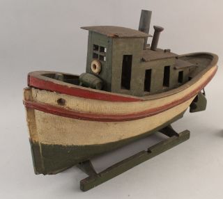 Antique Early 20thc Folk Art Carved & Painted Tug Boat,  Boat Ship Model,  Nr