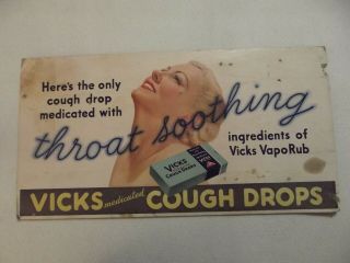 Vintage Vicks Cough Drops Advertizing Sign - Heavy Paper Board 21 " X 11 " X.  08 "