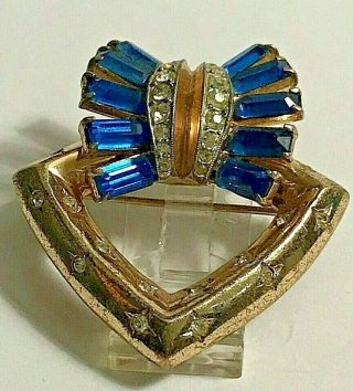 Vintage Retro Coro Craft Sterling Silver Vermeil Blue Clear Stones Brooch Pin