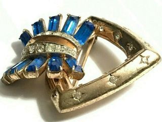 Vintage Retro Coro Craft Sterling Silver Vermeil Blue Clear Stones Brooch Pin 2