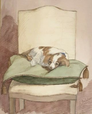 19th Century Victorian Watercolour Dolly King Charles Spaniel Dog 1850 Signed