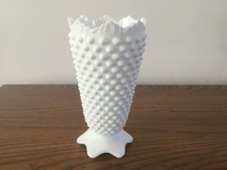 Vintage Fenton Milk Glass Hobnail Ruffled Vase,  Cone/trumpet Shape - 6.  5” Tall