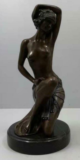 Art Deco Bronze Sculpture - Seated Semi Naked Lady - Solid Marble Base - Signed