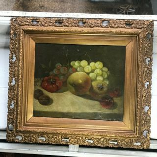 Old Antique Victorian Oil Painting On Canvas Still Life Fruit C.  1880 Gold Framed