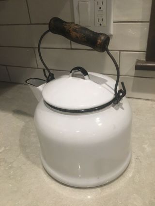 Vintage Farmhouse White W Black Trim Enamelware Tea Pot W Metal & Wood Handle
