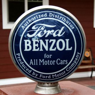 Ford Benzol For All Motor Cars - 15 " Gas Pump Globe Lenses - Blue & White Faces