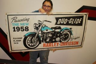 Large Harley Davidson The 1958 Duo - Glide Motorcycle Gas Oil 48 " Metal Sign