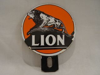 Vintage Lion Motor Oil 2 - Piece Porcelain Advertising License Plate Topper Sign