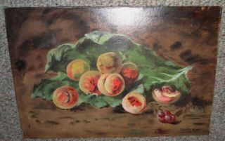 Antique 1909 Signed Peaches Fruit Still - Life Oil On Canvas Painting