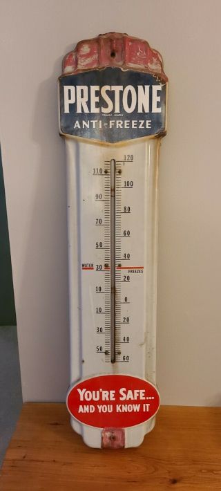 Antique Prestone Anti - Freeze Enameled Steel Advertising Thermometer Sign