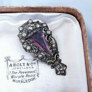 Vintage Art Deco Signed Triangle Glass Amethyst Marcasite Intricate Dress Clip