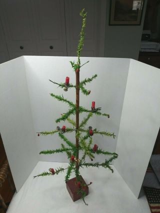 Antique 36 " Goose Feather Xmas Tree - With 8 Tin Candle Clips And Candles
