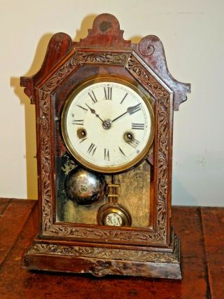 Antique 19th Century Oak American Mantel Clock With Chime Bell Pendulum Key Time