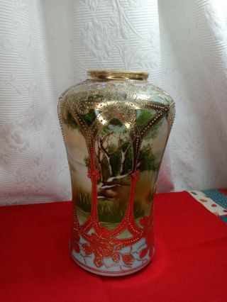 Antique Nippon Hand Painted Porcelain Vase With Landscape Scene And Gilt Detail.