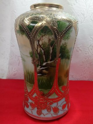 Antique Nippon hand painted porcelain vase with landscape scene and gilt detail. 2