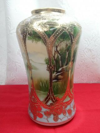 Antique Nippon hand painted porcelain vase with landscape scene and gilt detail. 4
