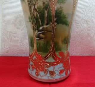 Antique Nippon hand painted porcelain vase with landscape scene and gilt detail. 5
