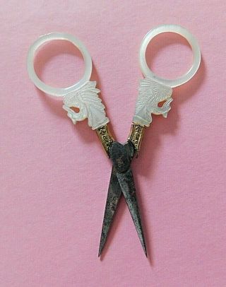 Antique Carved Mother Of Pearl Handled Fine Sewing Scissors