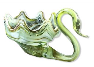 Vintage Sooner Glass Swan Hand Blown Green White Candy Dish Mcm Studio Art