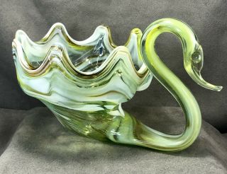 Vintage Sooner Glass Swan Hand Blown Green White Candy Dish MCM Studio Art 2