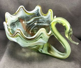 Vintage Sooner Glass Swan Hand Blown Green White Candy Dish MCM Studio Art 3
