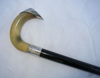 Antique Bovine Horn Silver Ebony Walking Stick Cane 1897 Jonathan Howell