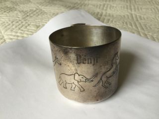Vintage Napier Silver Plated Baby Cup Engraved Exotic Animals And Benji Monogram