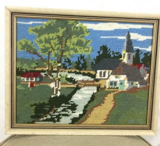 Vintage Country Church Completed Cross Stitch Needlepoint Scene1975 Framed
