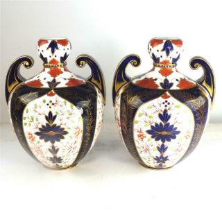 N891 Pair Antique Royal Crown Derby Porcelain Vases Imari Pattern 874