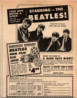 Starring The Beatles 8mm Film Projector Your Own Movies 1965 Vintage Print Ad