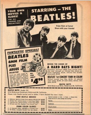 Starring The Beatles 8MM Film Projector Your Own Movies 1965 Vintage Print Ad 2