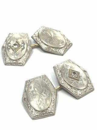 Antique Art Deco 14k White Gold Engraved Cuff Links With Diamonds