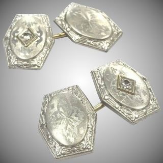 Antique Art Deco 14k White Gold Engraved Cuff links with Diamonds 2