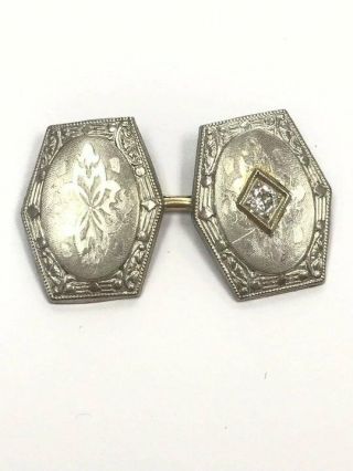 Antique Art Deco 14k White Gold Engraved Cuff links with Diamonds 5
