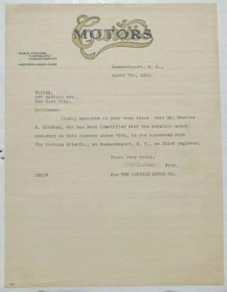 Glenn Curtiss Aviation Pioneer Autograph  Curtiss Motors  Letter Dated 1915 2