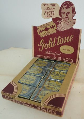 Gold Tone Single Edge Razor Blade Vintage Dealers Sales Display.  Complete