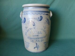 Antique Greensboro Pa.  Hamilton & Jones Blue Decorated Stoneware Crock 4 Gallon