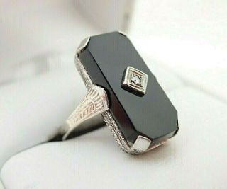 14k Solid White Gold Antique Art Deco Diamond Black Onyx Ring Sz 5.  5