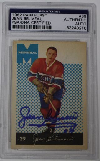 Jean Beliveau Signed 1962 Parkhurst Montreal Canadiens Hockey Card Psa/dna