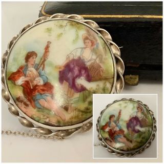 Vintage Jewellery Sterling Silver,  Porcelain Hand Painted Courting Couple Brooch